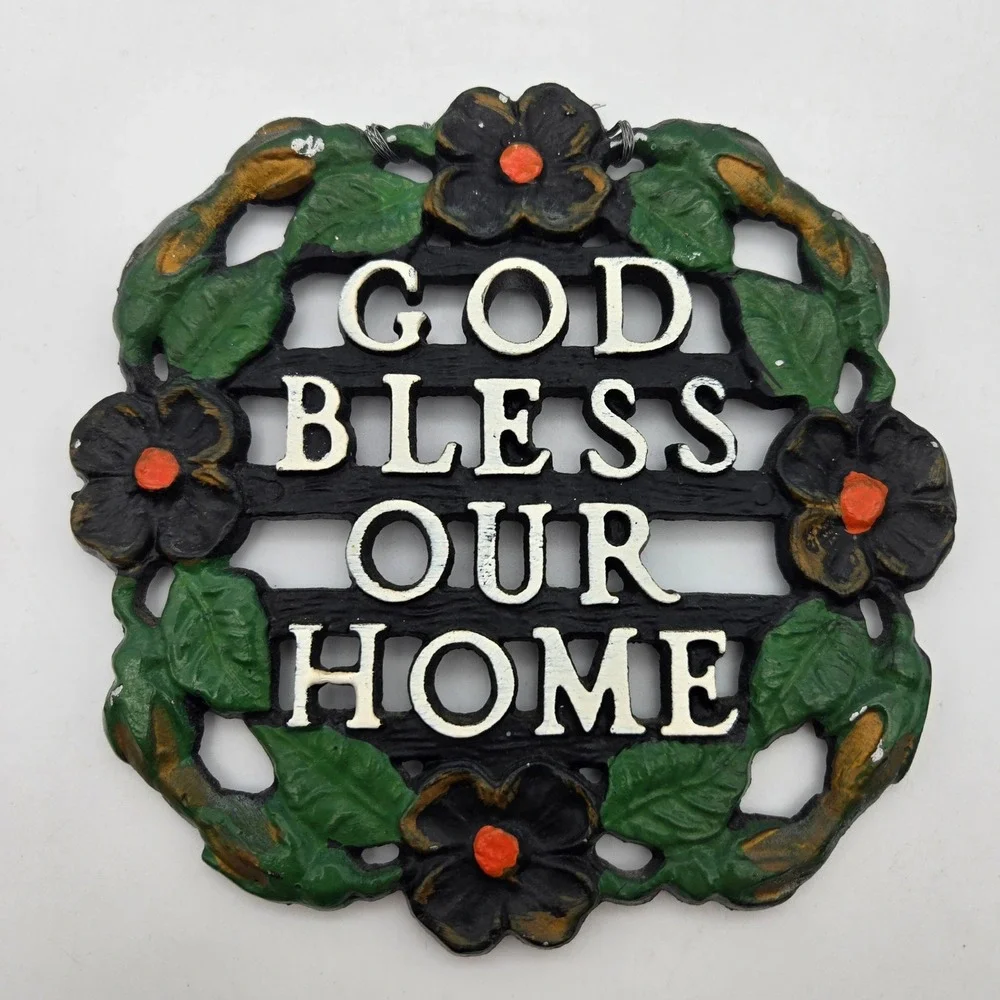 God Bless Our Home Trivet Wall Plaque Floral Kitchen Decor Metal Spiritual Vtg